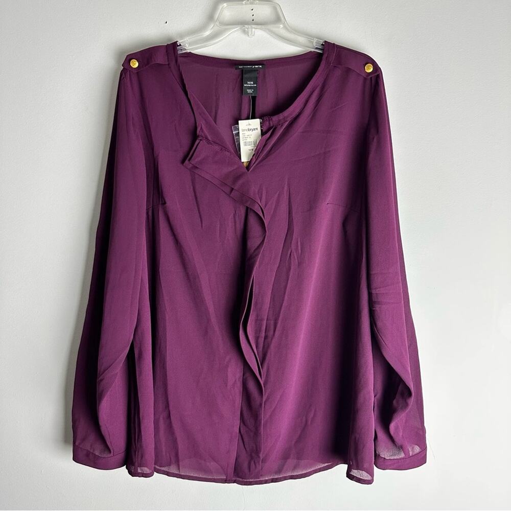 Lane Bryant Blouse Purple Ruffled Long Sleeve Sheer Gold Tone Buttons Size 14/16